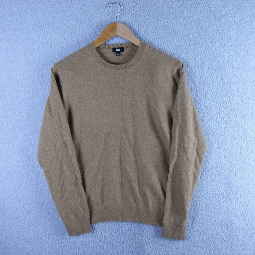 Uniqlo Mens 100% Cashmere Crew Neck Sweater Camel Tan Brown Large Quiet Luxury